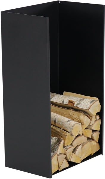 Brennholzregal aus Metall mit Holzscheiten