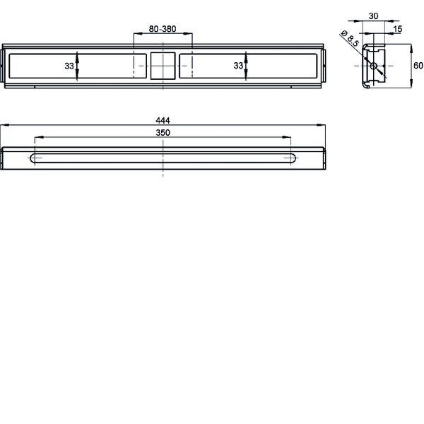 Technische Zeichnung mit Maßangaben für eine Schiene, Gesamtlänge 444 Millimeter, Höhe 60 Millimeter und Tiefe 30 Millimeter.