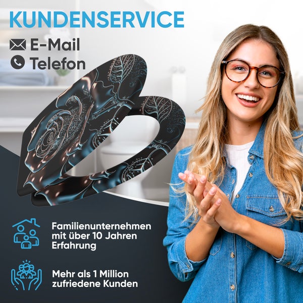 Kundenservice Informationen mit einem WC Sitz mit Rosen Motiv und einer lächelnden Frau