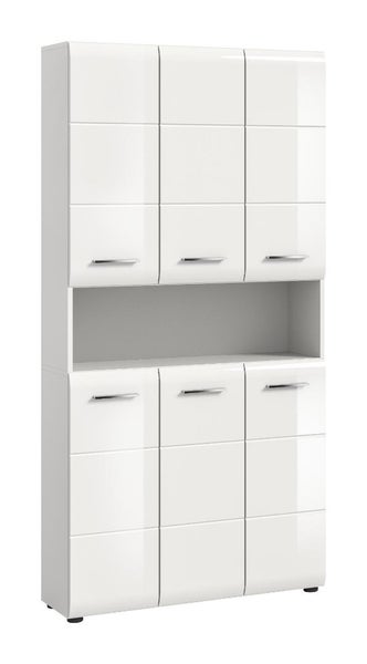 Hochglänzender Küchenschrank mit sechs Türen, einem offenen Fach und silbernen Griffen.