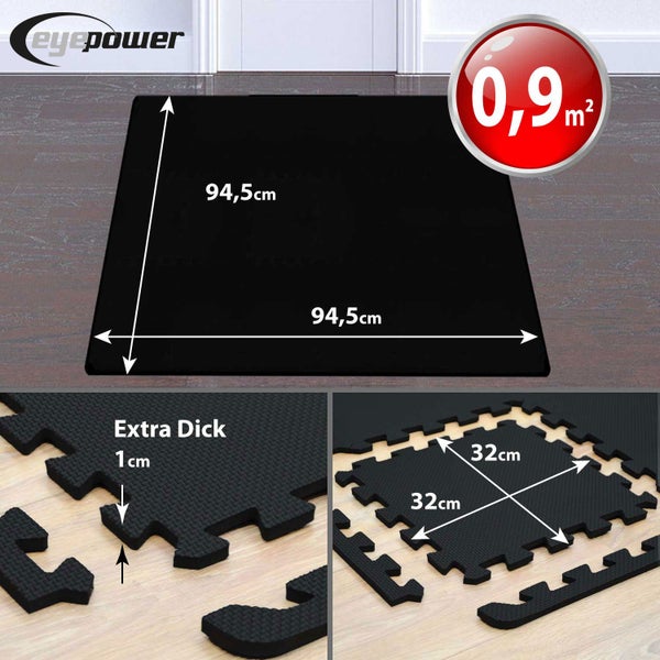 eyepower Bodenschutzmatten-Set, Gesamtmaß 94,5 mal 94,5 Zentimeter, Einzelmatten 32 mal 32 Zentimeter, Dicke 1 Zentimeter, Puzzle-Rand.