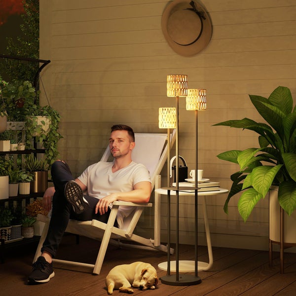 Drei-Licht Rattan Stehleuchte, handgewebt, UV-Schutz, wetterbeständig