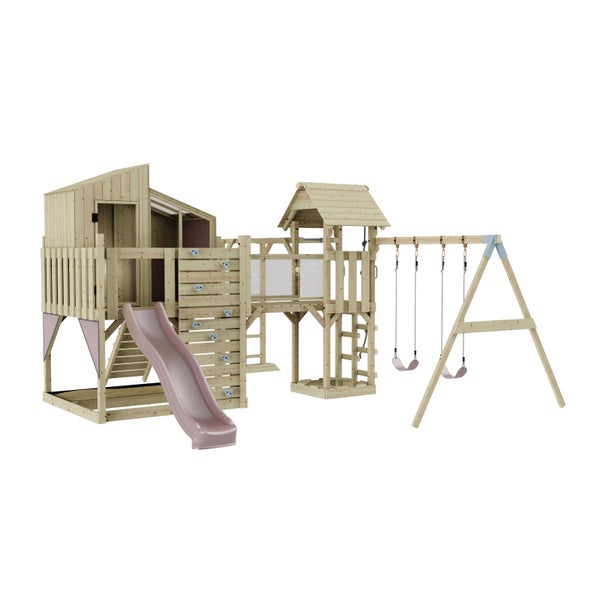 Holzspielplatz mit Rutsche, Kletterwand und Schaukel