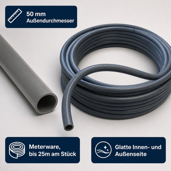 Flexibler Schlauch mit 50 Millimeter Außendurchmesser als Meterware bis 25 Meter mit glatter Innen- und Außenfläche.