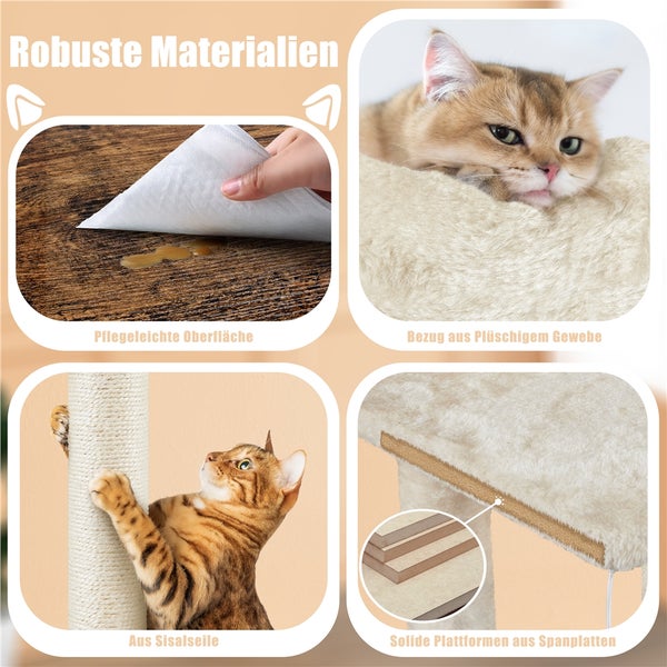 Details eines Katzenkratzbaums, die robuste Materialien, eine pflegeleichte Oberfläche, einen Plüschbezug, Sisalseile und solide Spanplatten zeigen