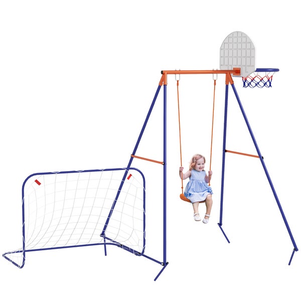 Outsunny 3 in 1 Schaukelset, Schaukelgerüst aus Stahl Kinderschaukel mit Fußballtor, Basketballkorb, Gartenschaukel Schaukelgestell Outdoor für Kinder 3-8 Jahre, Stahl, Dunkelblau