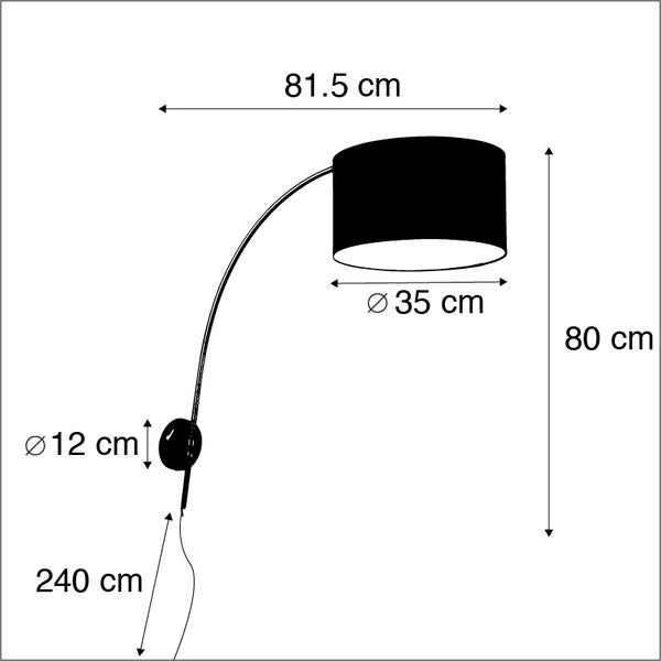 Abmessungen einer Bogenleuchte: 81,5 cm breit, 80 cm hoch, Lampenschirmdurchmesser 35 cm, Sockeldurchmesser 12 cm, Kabellänge 240 cm