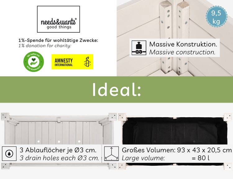 needs&wants® Hochbeet aus Holz für Garten Balkon Terrasse, Pflanzkasten Bausatz rechteckig schmal mit Vlies-Folie, Kräuterbeet Pflanzenkasten deko, 100 x 50 x 75 cm, weiß