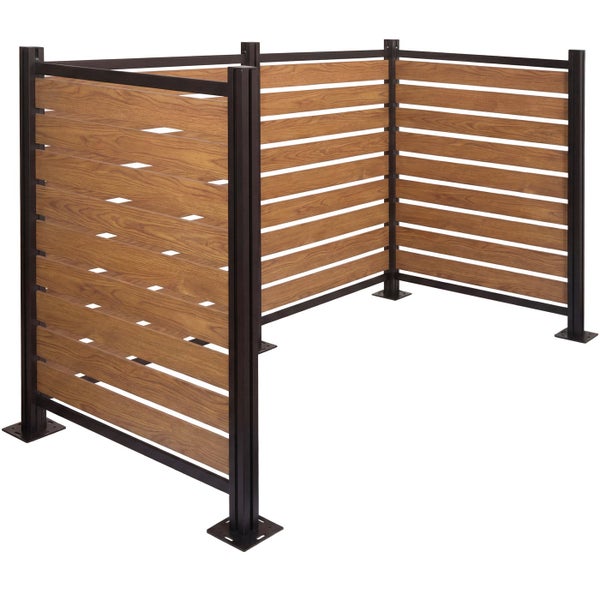 U-förmiger Sichtschutz aus braunen Lamellen in Holzoptik mit dunklem Metallrahmen zur Verkleidung von Mülltonnen.