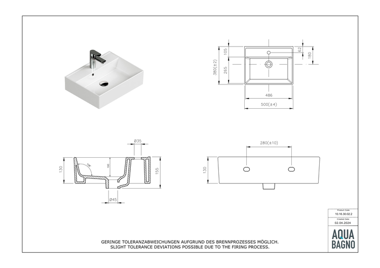 Aqua Bagno Basic Plan Waschbecken 10.16.30.02.2 – 50 x 38 cm – Weiß Hochglanz – Keramikbecken mit Hahnloch & Überlauf