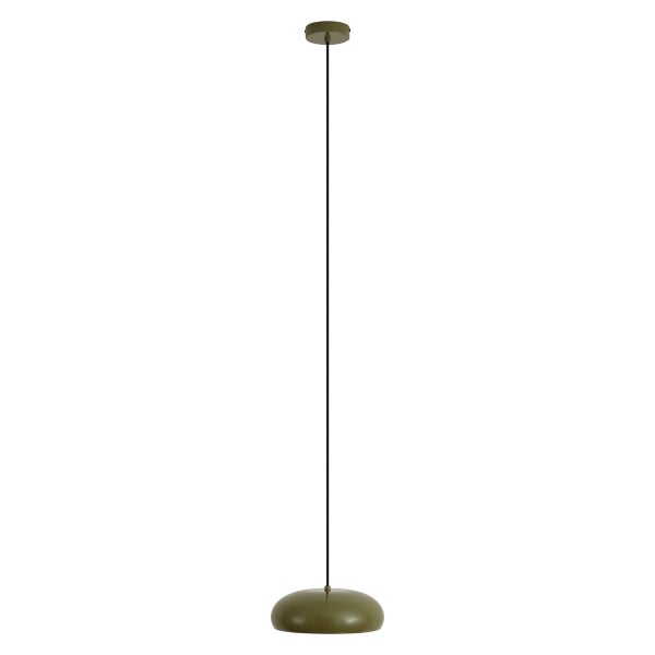 Moderne Pendelleuchte in Olivgrün mit flachem, abgerundetem Metallschirm und schwarzem Kabel.