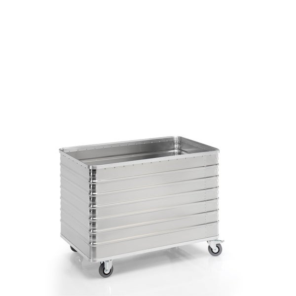 Transportwagen aus Aluminium mit Rollen und Sickenwänden.