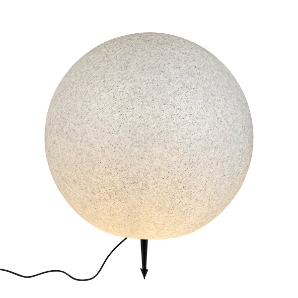 Kugel-Außenleuchte in Granit-Optik mit Erdspieß und Stromkabel.