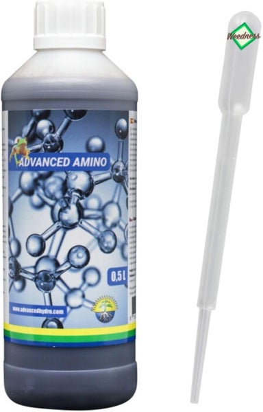 Advanced Hydroponics Advanced Amino Pflanzendünger, null Komma fünf Liter, inklusive Pipette mit Weedness Logo.