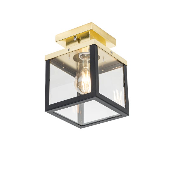 Quadratische Deckenleuchte mit schwarzem Metallrahmen, klarem Glas und messingfarbenem Baldachin.