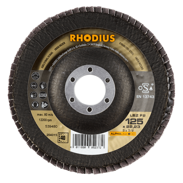 RHODIUS Fächerscheibe LSZ F2, 5 Stück, 125 x 22,23 mm, Korn 40, für Edelstahl, Stahl, Metall, ALPHAline