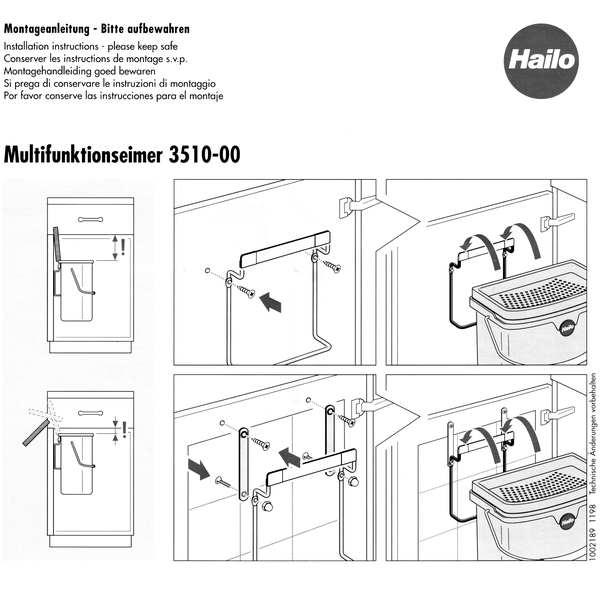 Montageanleitung für Hailo Multifunktionseimer 3510-00 mit Skizzen zur Installation an einer Schranktür und Hailo Logo.
