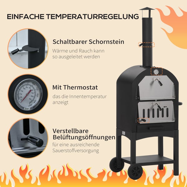 Schwarzer Pizzaofen auf Rollen mit verstellbarem Schornstein, Thermostat zur Temperaturanzeige und Belüftungsöffnungen für die Sauerstoffzufuhr.