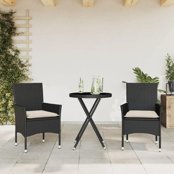 3-tlg. Bistro-Set mit Kissen Schwarz Poly Rattan und Glas