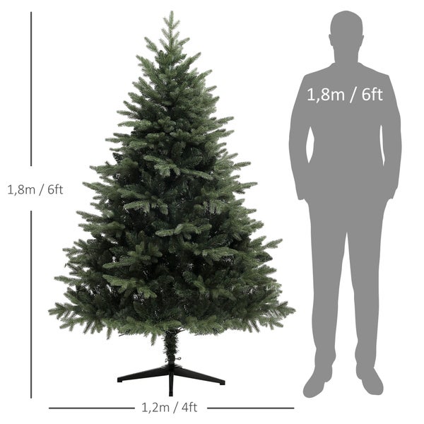 Kunstweihnachtsbaum mit Ständer, 1,8 Meter hoch und 1,2 Meter breit, dargestellt im Größenvergleich mit einer Person.