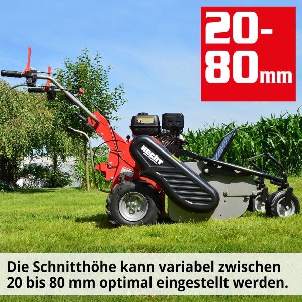 Motorhacke im Garten mit variabler Schnitthöhe zwischen 20 und 80 Millimeter.