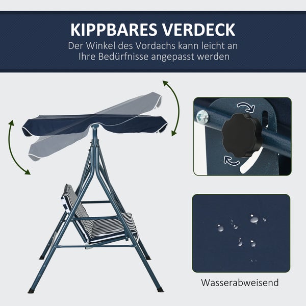 Outsunny Hollywoodschaukel 3-Sitzer Gartenschaukel mit Verstellbarem Dach, wasserabweisend Schaukelbank bis 240 kg belastbar, für Garten, Balkon, Mesh, Blau