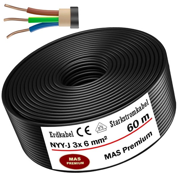 Erdkabel NYY-J 3 mal 6 Quadratmillimeter, 60 Meter Länge, MAS Premium Starkstromkabel.