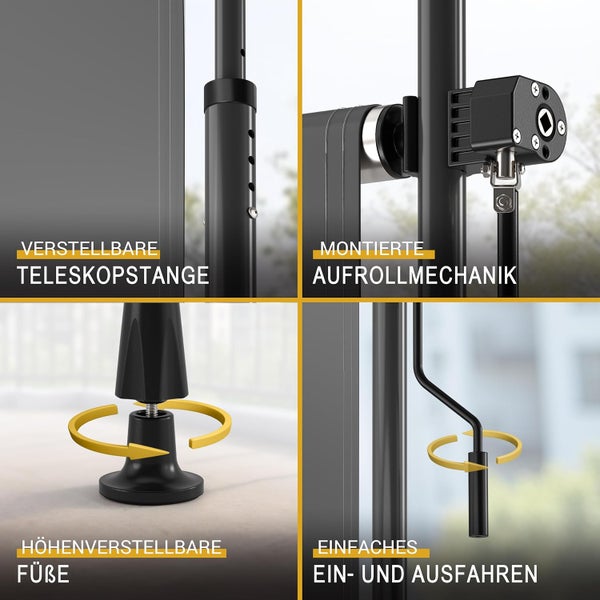 Detailansichten einer Klemmmarkise mit verstellbarer Teleskopstange, Aufrollmechanik, höhenverstellbaren Füßen und Handkurbel.