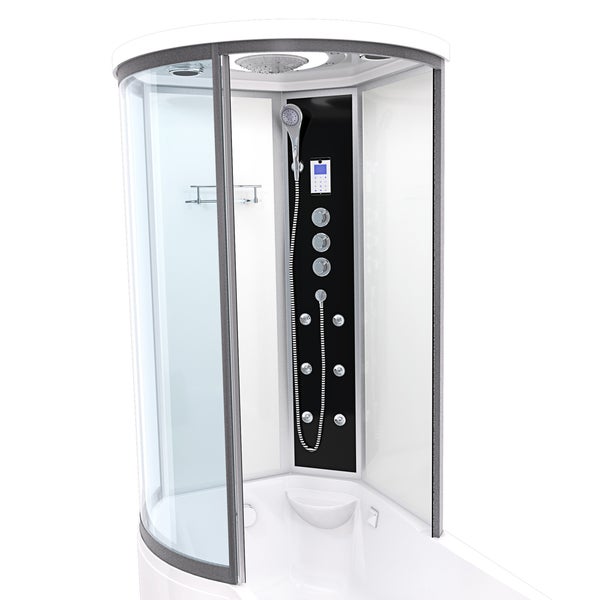 Moderne Dampfduschkabine mit integrierter LED-Beleuchtung in vier Farben. Mit Regendusche, Handbrause, Massagedüsen und digitalem Bedienfeld.