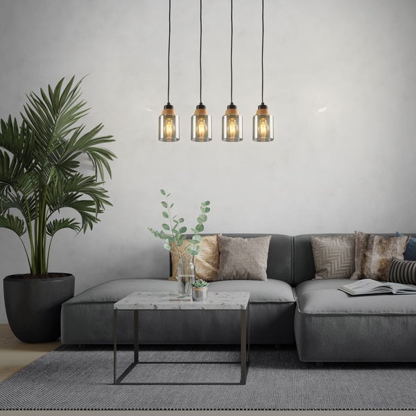 Pendant light, with wood, smoked glass, 4xE27/max.