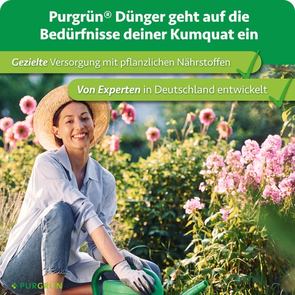 Eine Frau mit Strohhut gießt Pflanzen in einem blühenden Garten als Werbung für Purgrün Dünger für Kumquats.