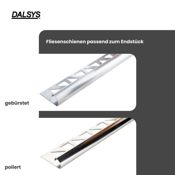 DALSYS Logo. DALSYS Fliesenschienen in gebürsteter und polierter Ausführung, passend zum Endstück.