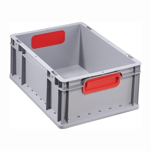 Stapelbare Eurobox aus grauem Kunststoff mit roten Handgriffen für Aufbewahrung und Transport.