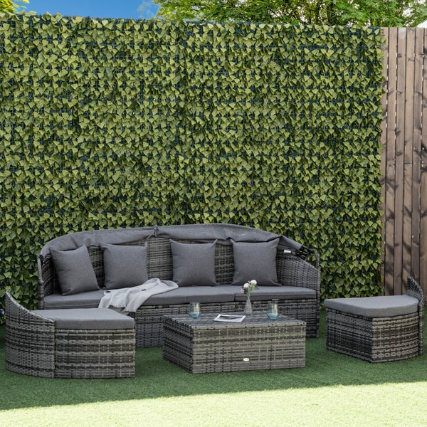 Outsunny 4-teilige Rattan Sonneninsel Sitzgruppe Liegeinsel mit Sonnendach, 4 Kissen für Garten, Balkon Metall Grau 230 x 145 x 80 cm