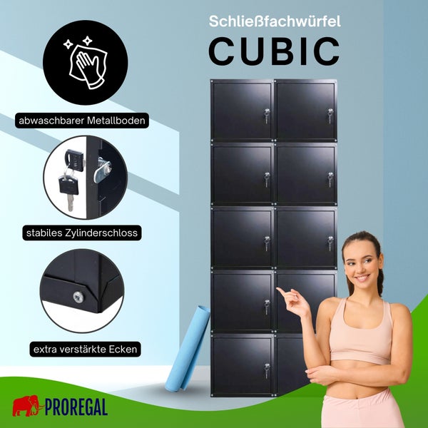 Proregal Schließfachwürfel Cubic aus Metall in Schwarz mit 10 Fächern, Zylinderschloss, verstärkten Ecken und abwaschbarem Boden.