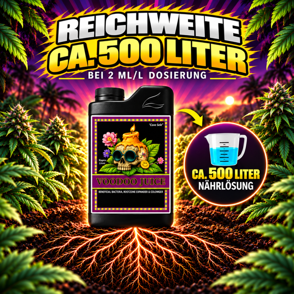 Voodoo Juice Pflanzenzusatz fuer circa 500 Liter Naehrloesung bei 2 Milliliter pro Liter Dosierung zur Wurzelentwicklung fuer Zimmerpflanzen.