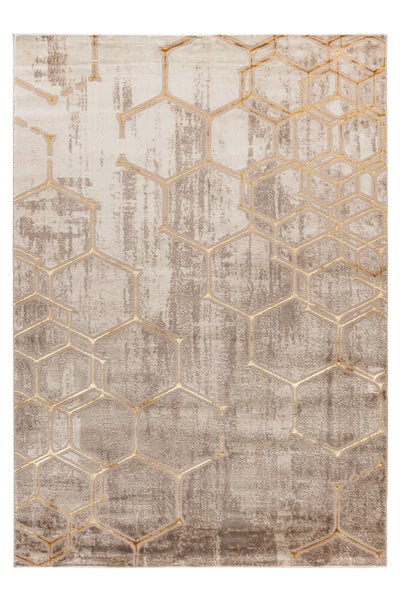Rechteckiger Teppich mit modernem, geometrischem Sechseckmuster und Linien in Metalloptik