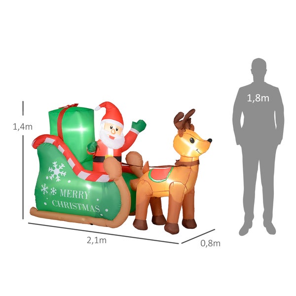 Outsunny Aufblasbar Weihnachtsdeko, 2,1 m Weihnachtsmann mit Schlitten & Rentier, LED-Beleuchtung, Selbstaufblasende Weihnachtsbeleuchtung für Innen- und Außenbereich
