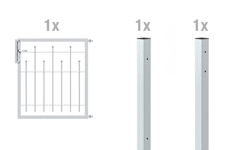 Ein verzinktes Gartentor mit Stabgitterdesign inklusive zwei passender Pfosten für den Zaunbau.