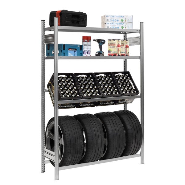 PROREGAL Getränkekistenregal & Reifenregal Chiemsee Tire Made In Germany HxBxT 200 x 136 x 43,5 cm 3 Kisten auf 1 Ebene & 4 Reifen & 2 Boards Verzinkt