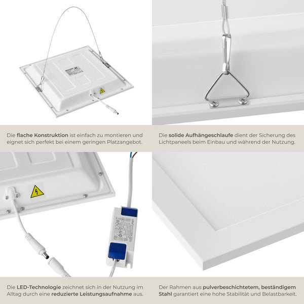 LED-Panel mit flacher Konstruktion, stabilem Stahlrahmen und Aufhängeschlaufe, inklusive LED-Treiber für eine effiziente Beleuchtung.