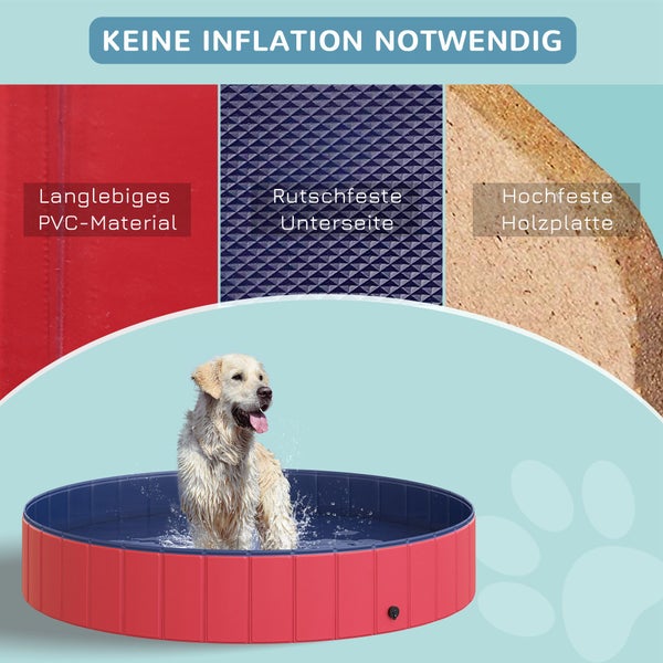 Hundepool mit Hund, faltbar ohne Aufpumpen, aus langlebigem PVC, mit rutschfestem Boden und hochfesten Holzplatten.
