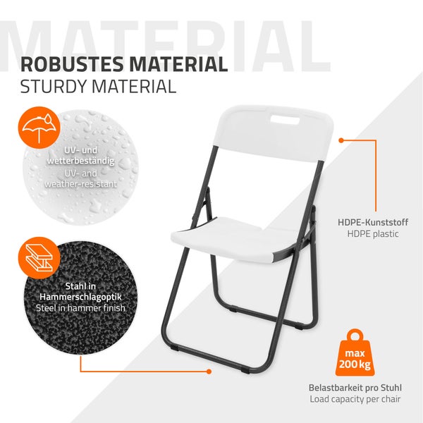 Weißer Klappstuhl aus Kunststoff und Stahl mit Hammerschlagoptik