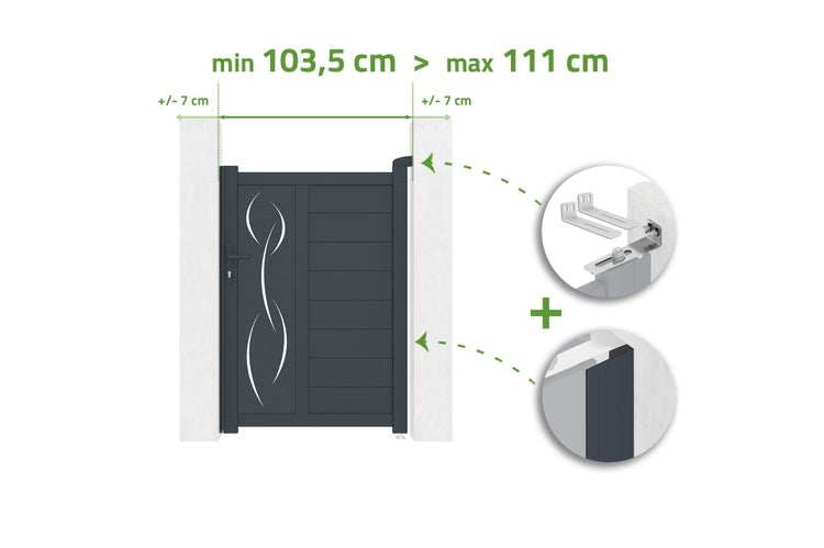 Illustration einer Gartentür mit Breitenangabe zwischen 103,5 cm und 111 cm, inklusive Montageanleitung