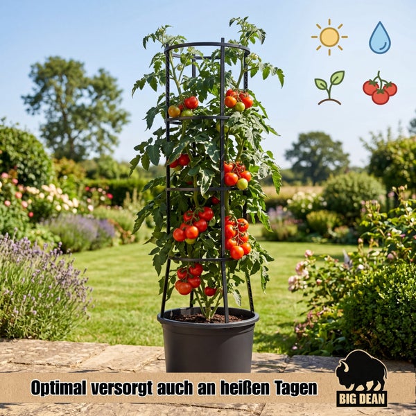 Tomatenpflanze in einem Pflanztopf mit runder Rankhilfe im Garten bei Sonnenschein und Bewässerungsbedarf.