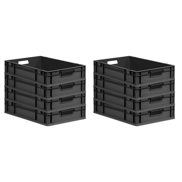 PROREGAL SuperSparSet 8x Eurobox NextGen Grip, HxBxT 12x40x60cm, 23 Liter, Griffe offen, Schwarz, Eurobehälter, Transportbox, Transportbehälter, Stapelbehälter