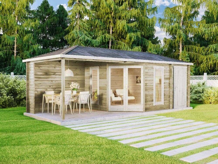 Alpholz 5-Eck Gartenhaus Liwa mit Anbau aus Holz in Naturbelassen mit 40mm Wandstärke und Überdachter Terasse