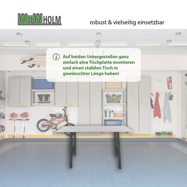 Trutzholm Logo. Tischgestell mit der Möglichkeit, eine Tischplatte zu montieren, um einen stabilen Tisch in gewünschter Länge zu erhalten.