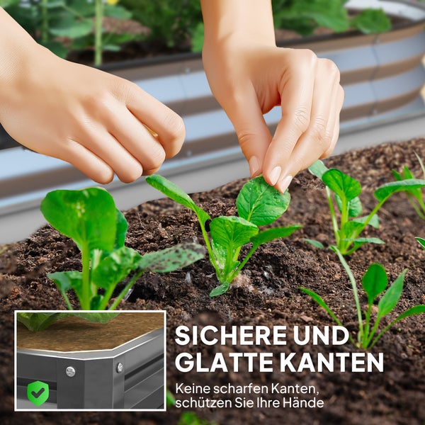 Hochbeet mit Bepflanzung und dem Hinweis auf sichere und glatte Kanten