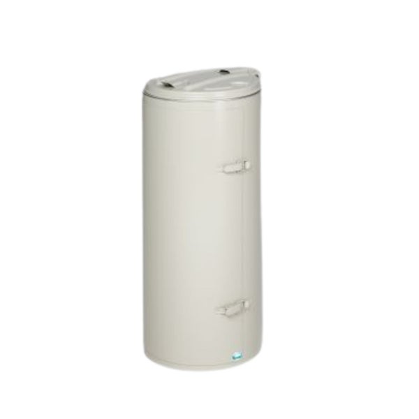 Zylindrischer Warmwasserspeicher mit isolierter Verkleidung.